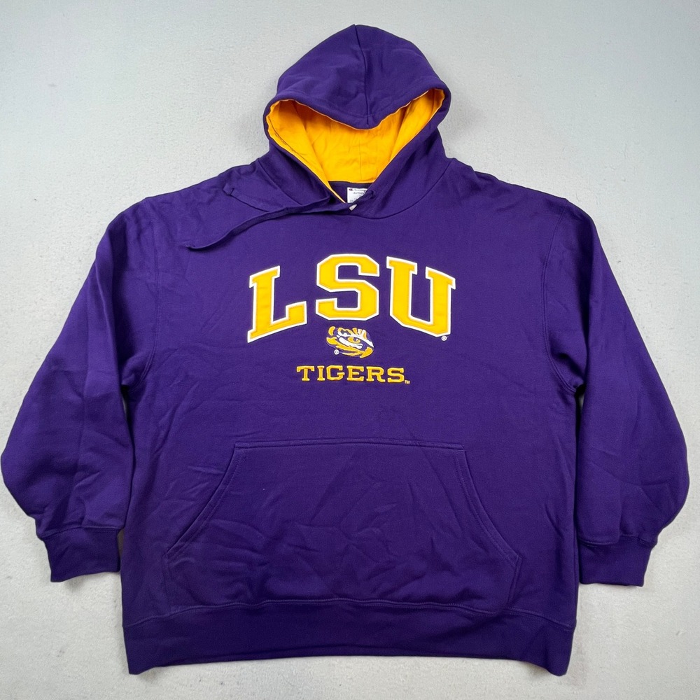 Champion LSU Tigers Hoodie Mens 2XL Purple Gold Embroidered Pullover Sweatshirt